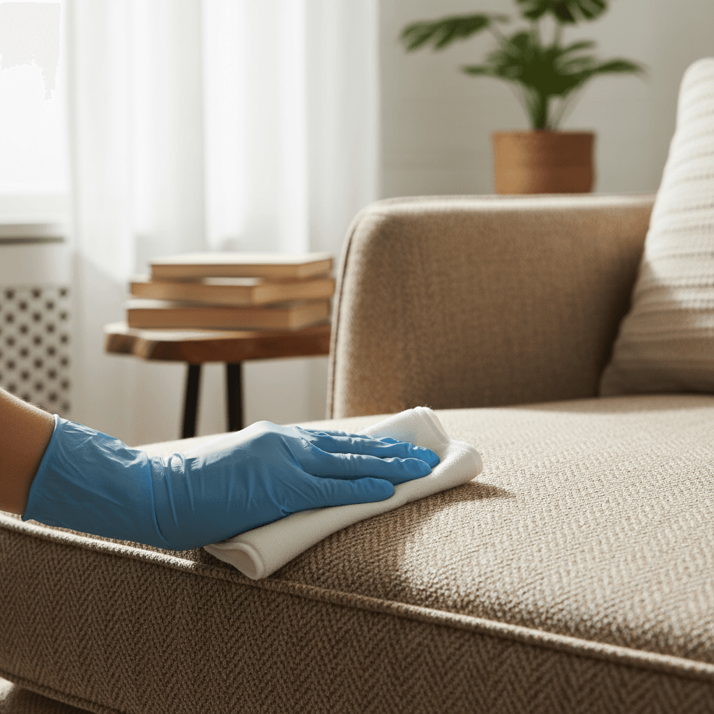 Upholstery cleaning specialist treating furniture with professional technique