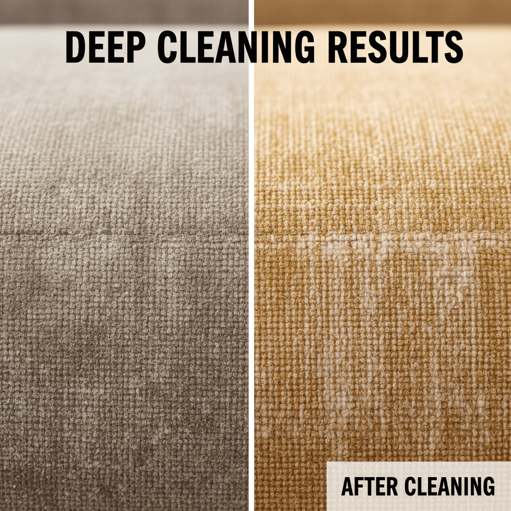 An up-close textural shot of upholstery fabric before and after cleaning